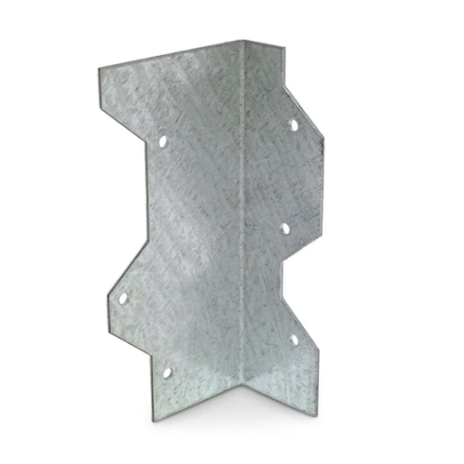 The Simpson 5 in. 16 Ga. ZMAX Galvanized Reinforcing L Angle from Simpson Strong-Tie, known for its durable construction and corrosion resistance, features a symmetrical design with angled edges and six pre-drilled mounting holes, all against a plain white background.